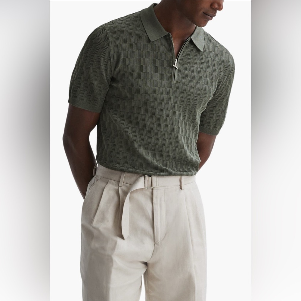 REISS UBUD HALF-ZIP TEXTURED POLO T-SHIRT SAGE GREEN